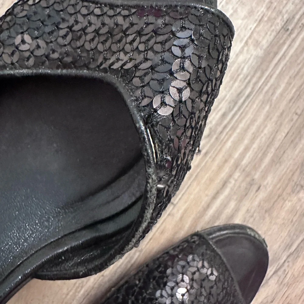 Manolo Blahnik Caldo Sequined Black Ankle Strap Peep Toe Stiletto Heels